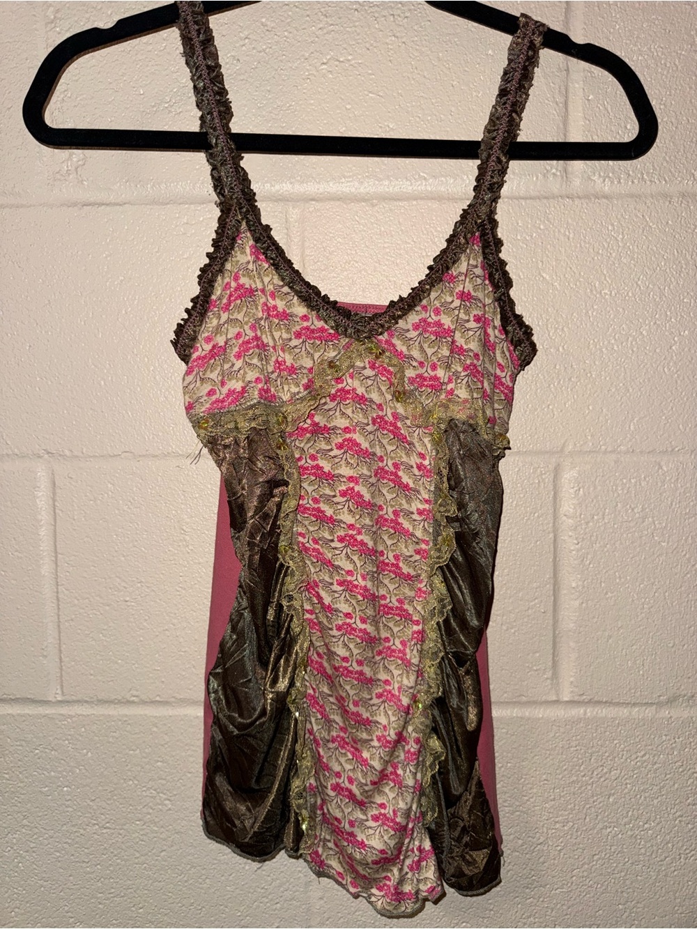 Vintage Y2K Gypsy Daisy | Floral Pink & Brown Lace-Trim Sleep Cami